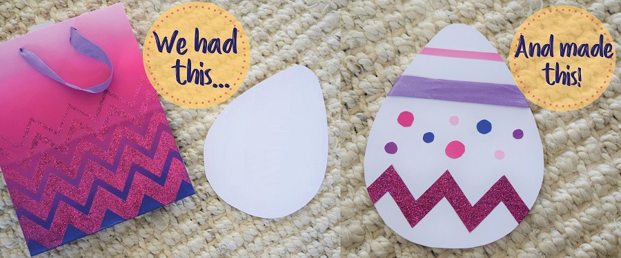 On the left, crafts. On the right, a crafted paper egg